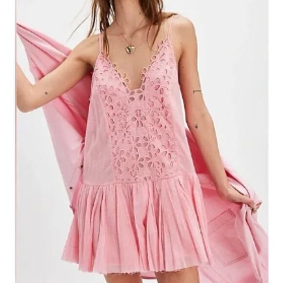 Free People FP One Casella Drop Waist Embroidered Slip Mini Dress Pink XS NWOT - Picture 1 of 7
